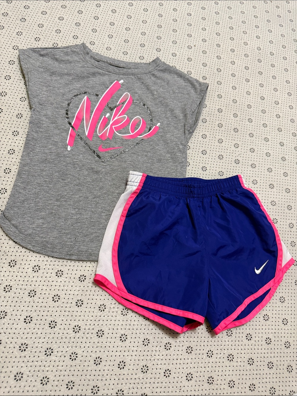 Nike Girls Gray Tee with Pink Script & Blue Athletic Shorts with Pink Trim